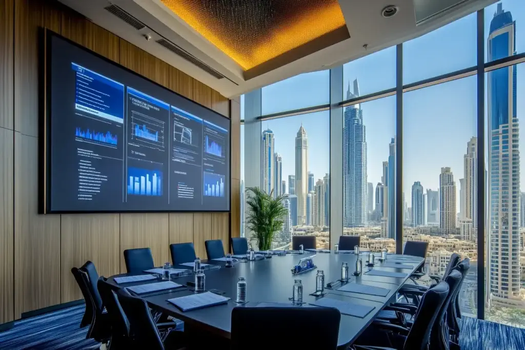 Aegis Coworking workspace with Abu Dhabi skyline view in ADGM